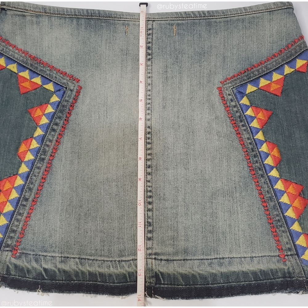 FREE PEOPLE Festival Staple, Aztec Tribal Embroidered Denim Mini Skirt, … - Picture 6 of 9